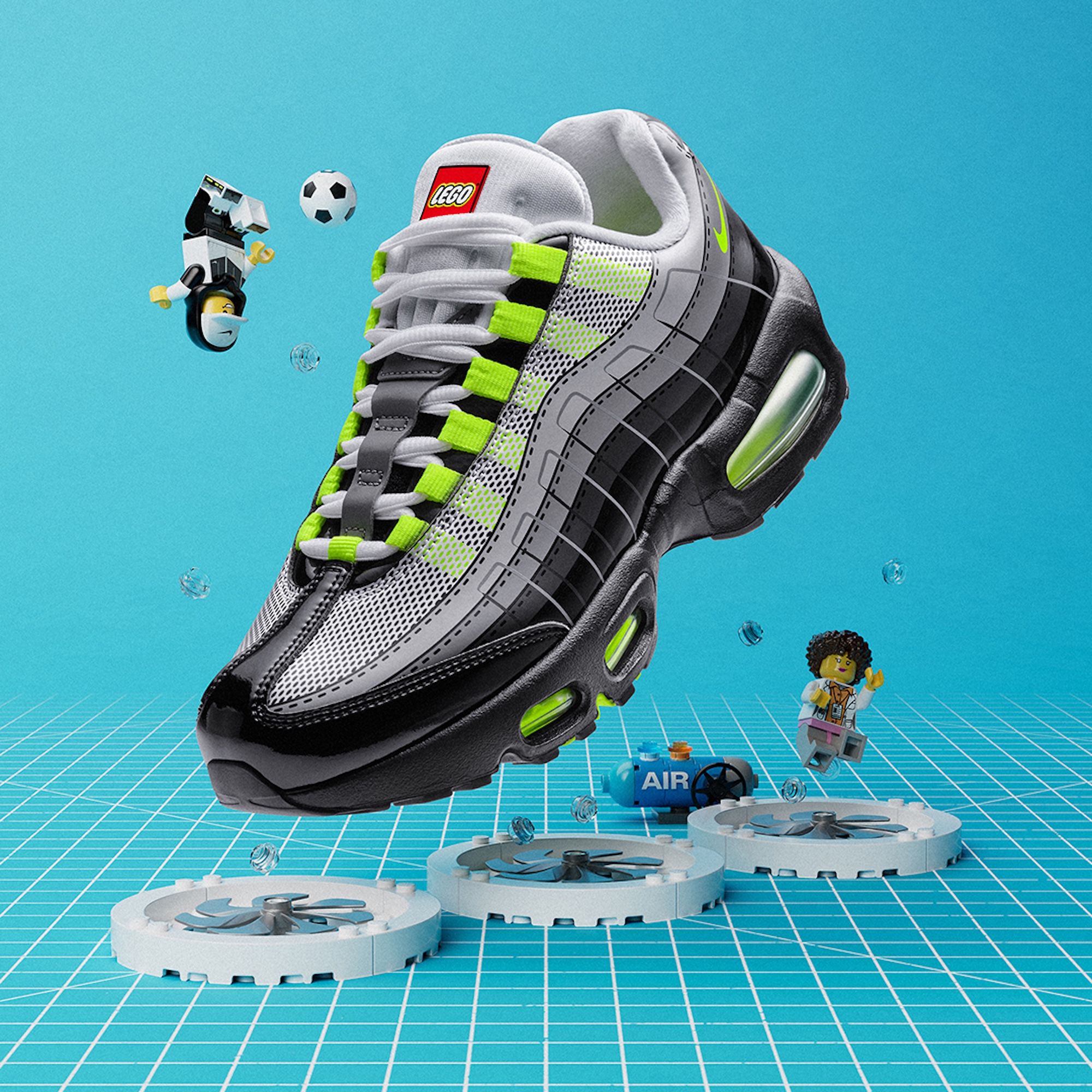 Kids' LEGO® x Nike Air Max 95 in a "Black/Grey/Volt" color scheme.