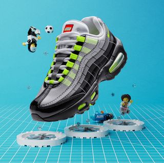 Kids' LEGO® x Nike Air Max 95 in a "Black/Grey/Volt" color scheme.