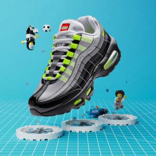 Kids' LEGO® x Nike Air Max 95 in a "Black/Grey/Volt" color scheme.