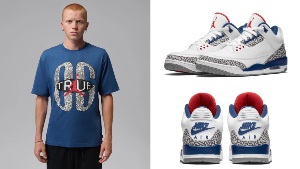 Air Jordan 3 OG True Blue in white leather with royal blue accents and elephant print detailing