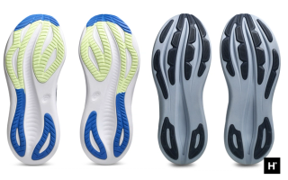 Outsole comparison: GEL-NIMBUS® 27 (left), GEL-NIMBUS® 28 (right).