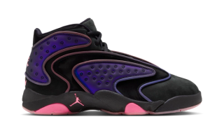 Women's Air Jordan OG "Amusement Park" sneaker in a "Black/Concord/Crimson Tint/Pink Beam" color scheme, celebrating the 30th anniversary of Space Jam.