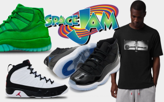 Four Jordan Brand releases celebrating the 30th anniversary of Space Jam—including the Air Jordan 11 "Space Jam," Air Jordan 11 "Green Screen" & Bugs Bunny Wings T-Shirt in "Black." Photos via Nike, size?, GOAT, @kicksdong on Instagram.