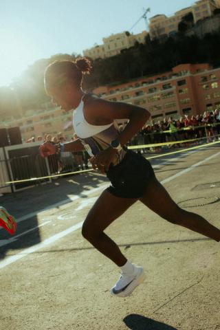 Faith Kipyegon racing in a prototype Nike Running shoe, likely the AlphaFly 4. Photo by Jorrit van Ooyen/Global Sports Media House.