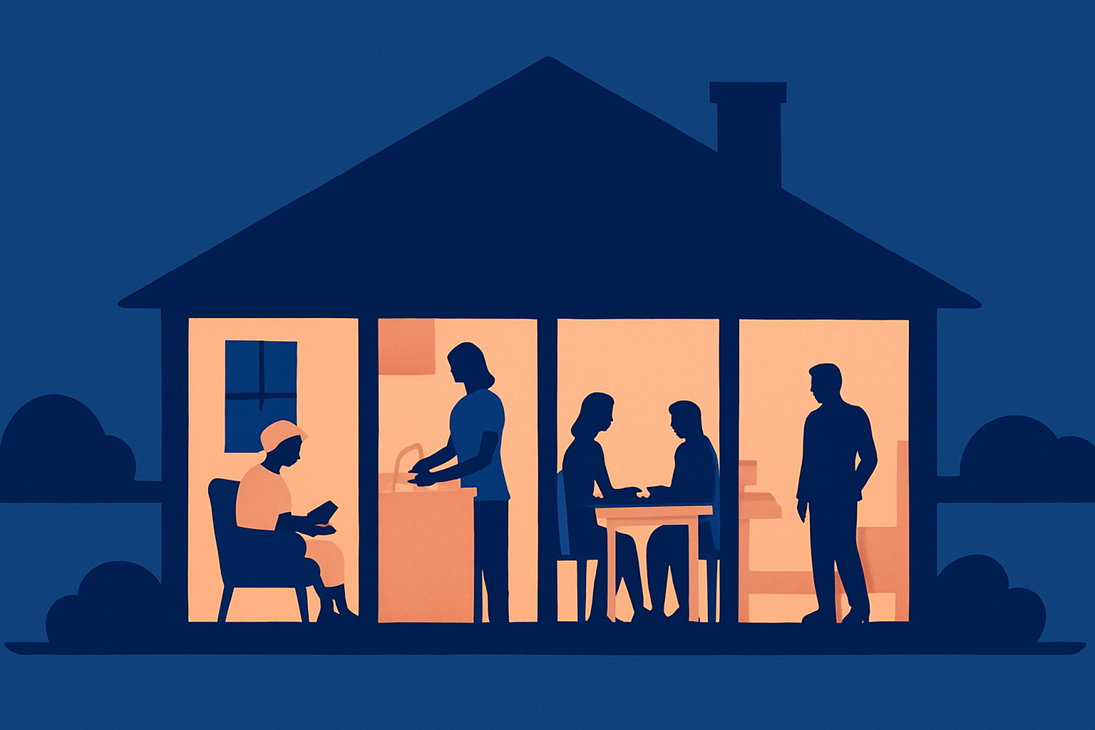 A lit house at night with silhouetted residents reading, cooking, and talking in different rooms