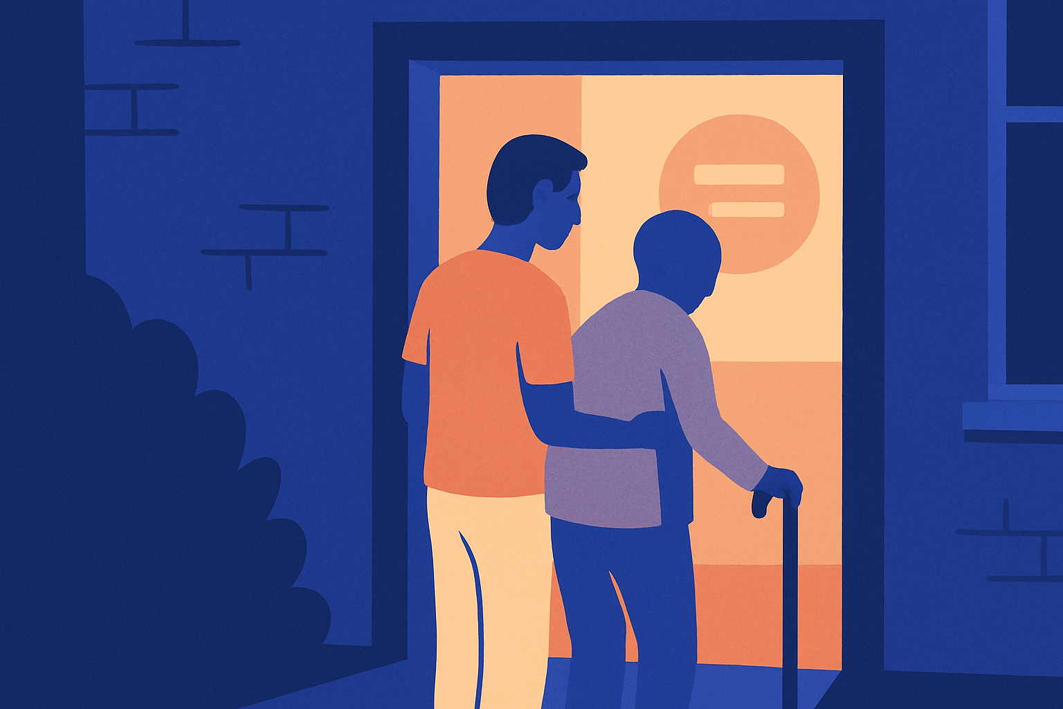 A man guides an older man with a cane through a lit doorway, an equals-sign symbol above