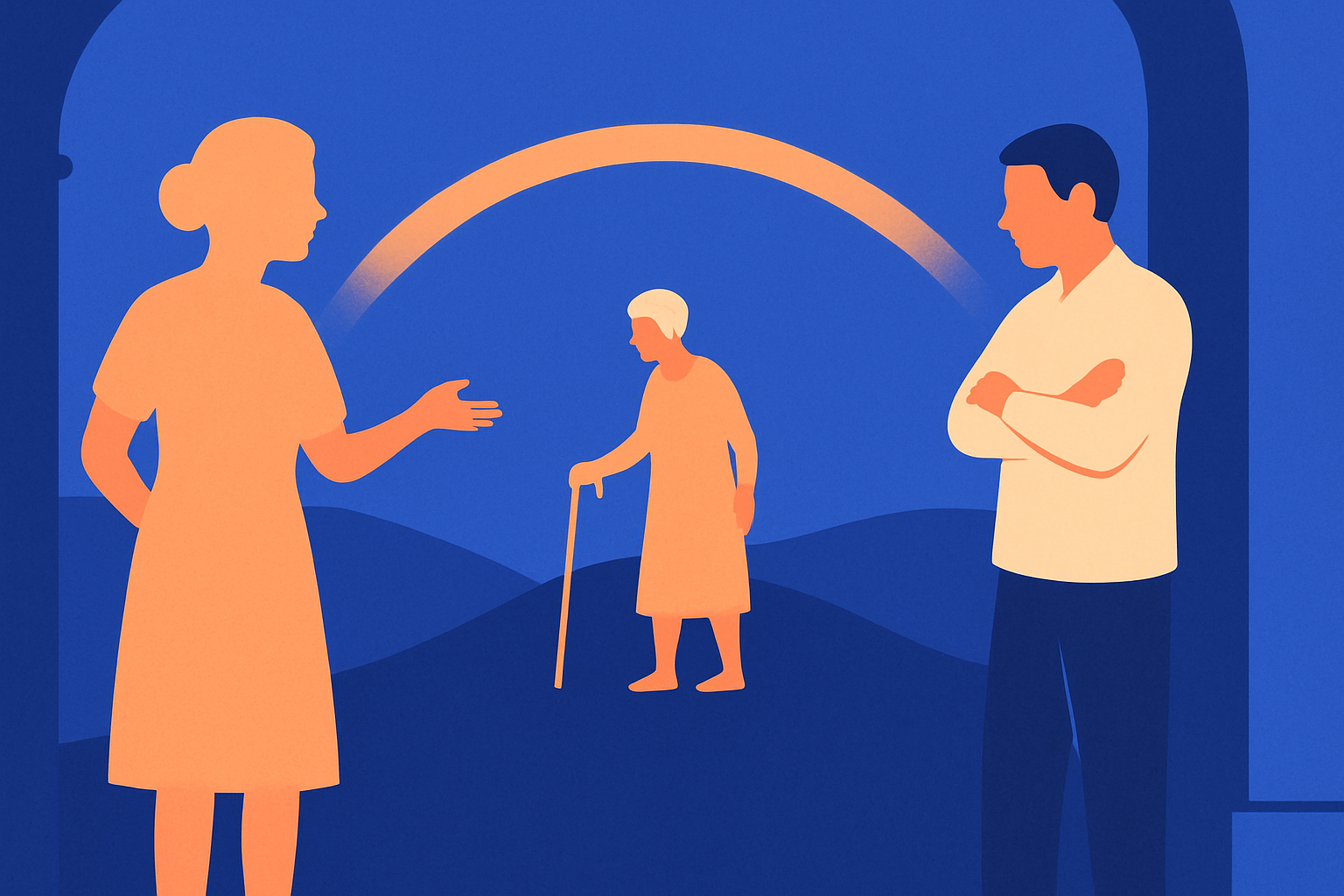 A woman and a man with arms crossed stand apart, an older woman with a cane between them