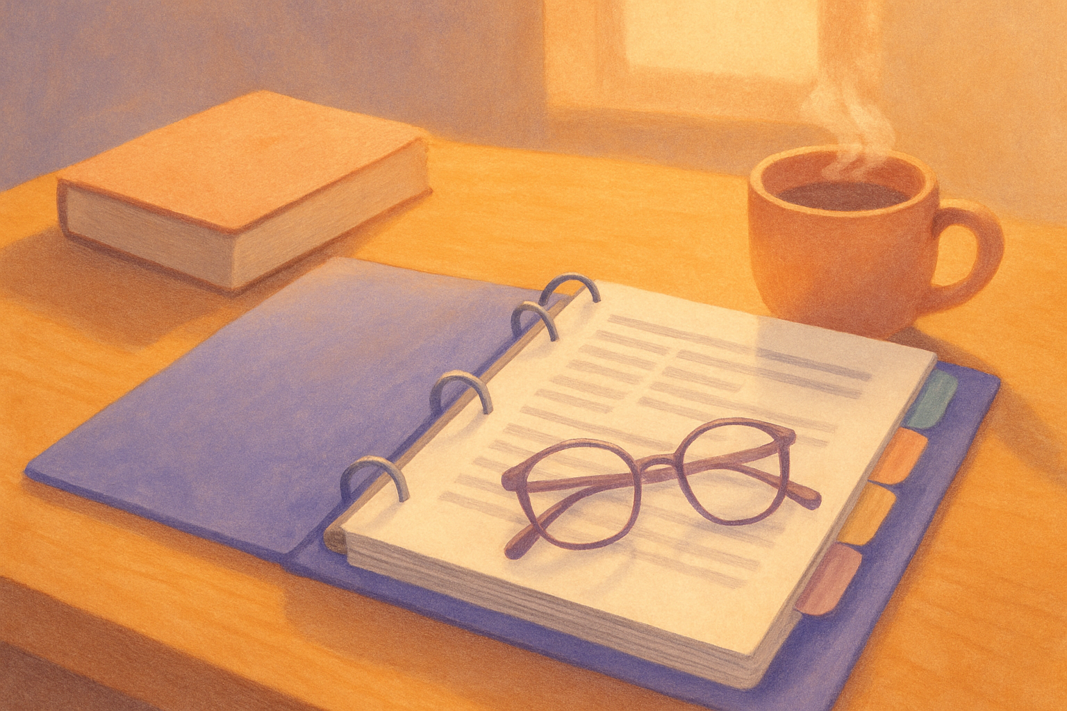 A warm kitchen table with an open tabbed family care binder beside a closed generic paperback, reading glasses resting on the binder and a mug of tea nearby