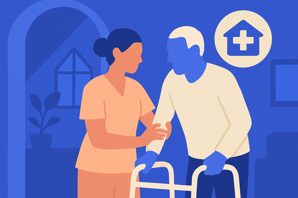 A care aide in gloves steadies an older man with a walker, a house-with-cross icon above