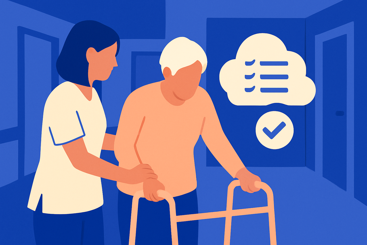 A care aide steadies an older person using a walker, a checklist and checkmark nearby