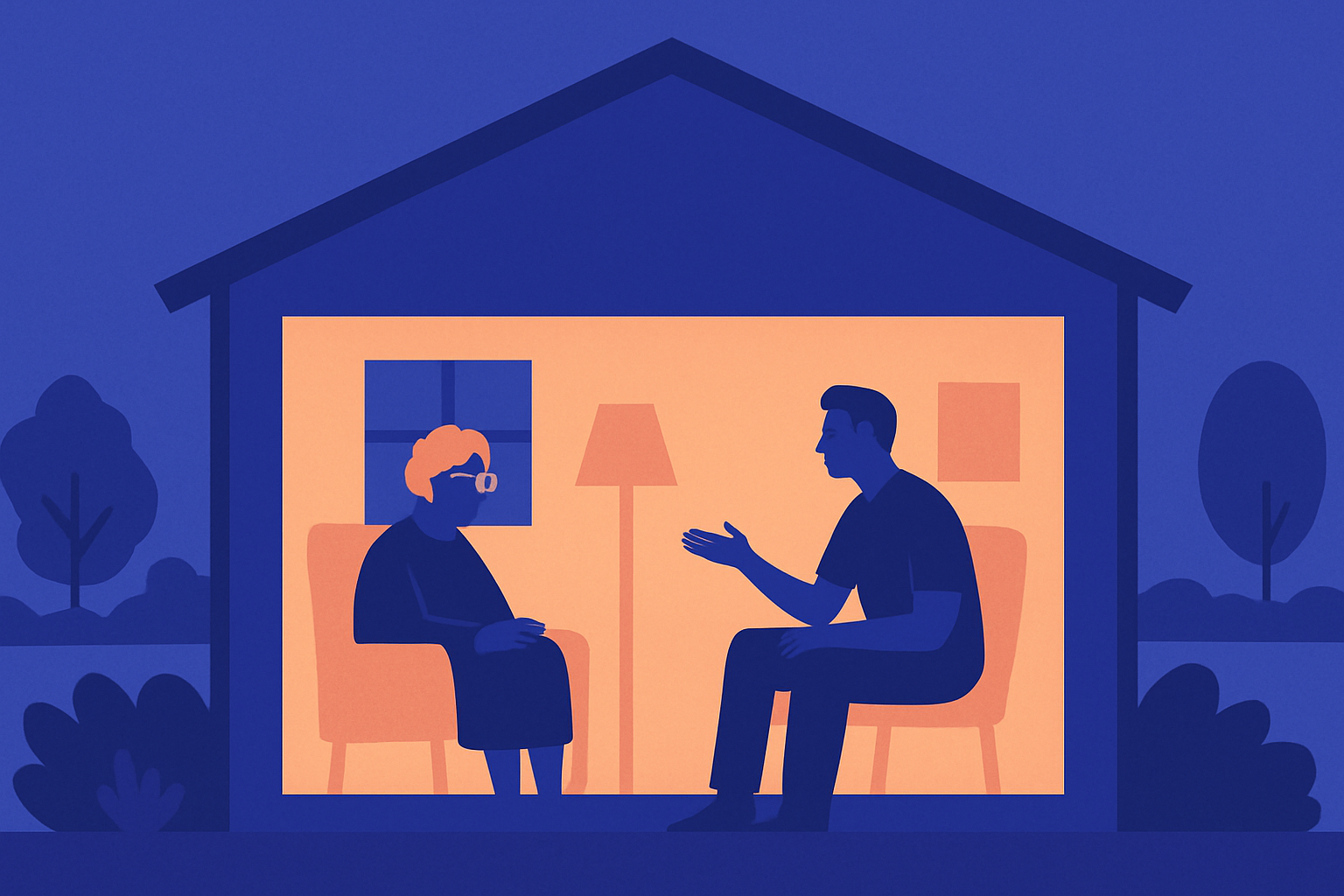 An older woman and a young man sit talking in armchairs in a softly lit room