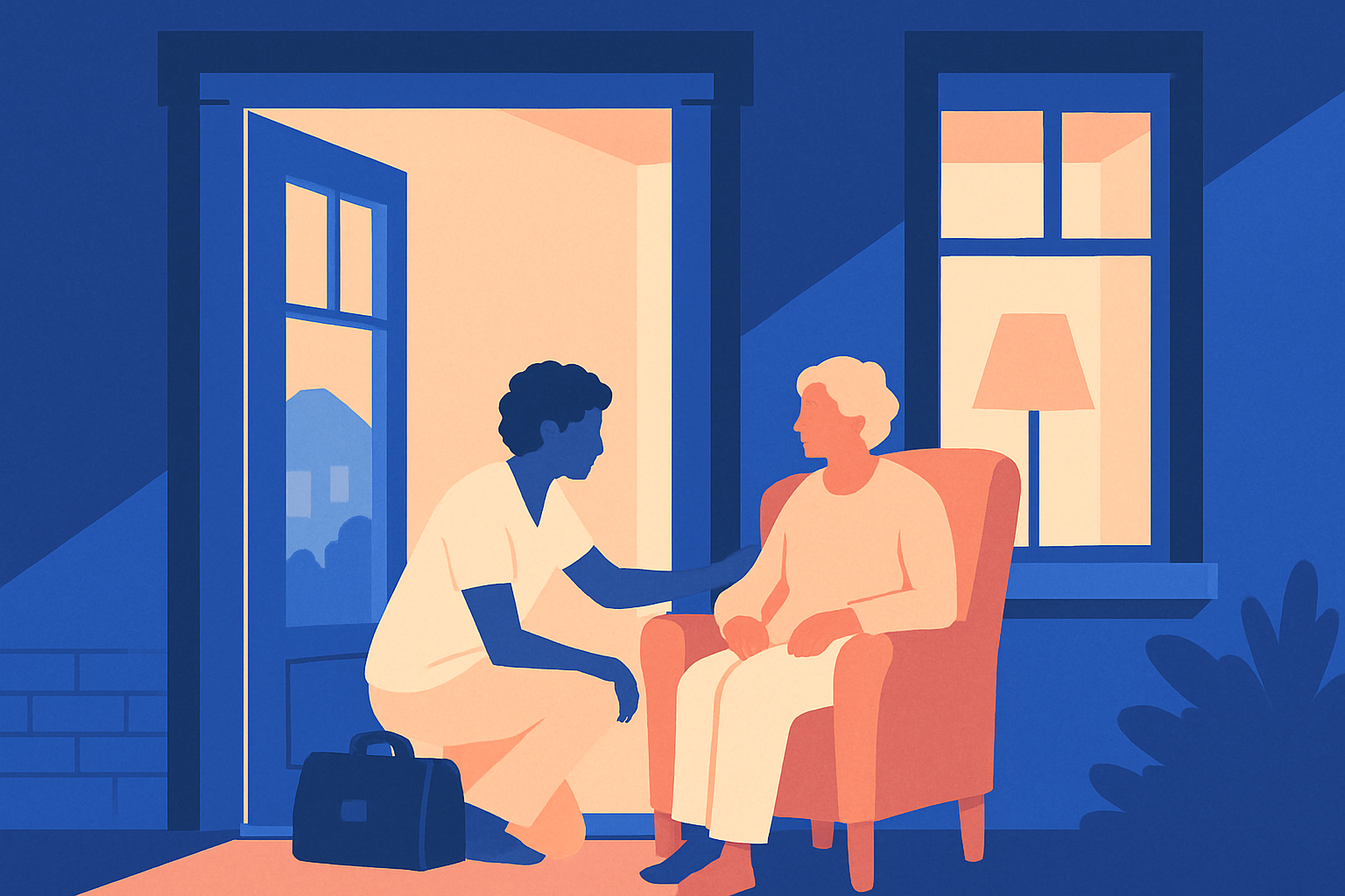 A care worker kneels beside an older woman in an armchair at home, a medical bag nearby