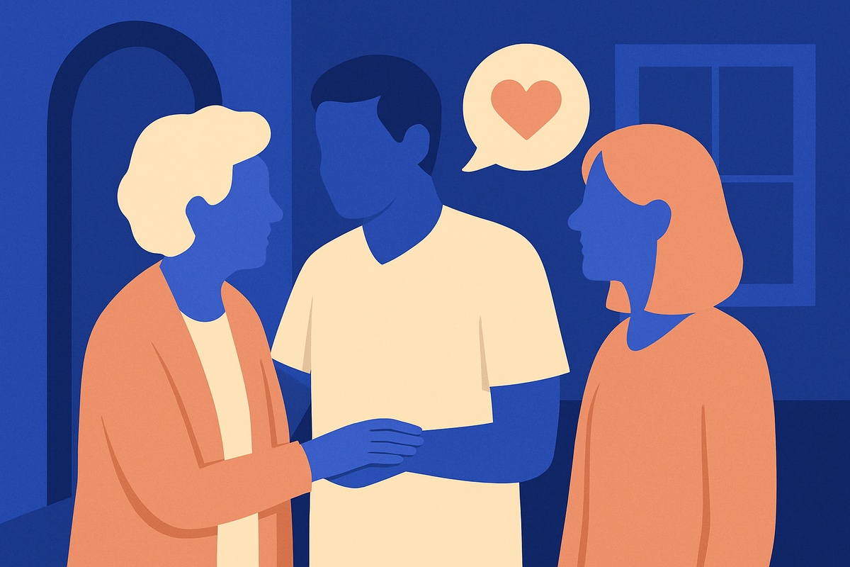 Three family members talk warmly, a heart in a speech bubble above them