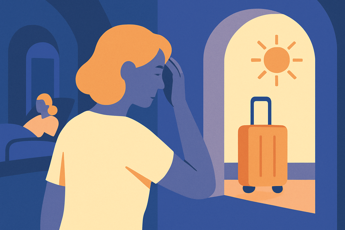 A weary woman rubs her head, a suitcase and sun in a window suggesting a getaway