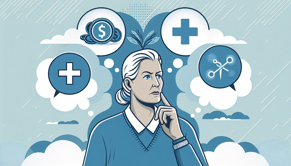 Illustrate a senior individual in a thoughtful pose, surrounded by thought bubbles containing symbols for "financial matters" (money symbol) and "health matters" (medical cross symbol), representing the decision-making process. The bubbles and the overall image should be in varying shades of blue, maintaining a professional and serene ambiance.