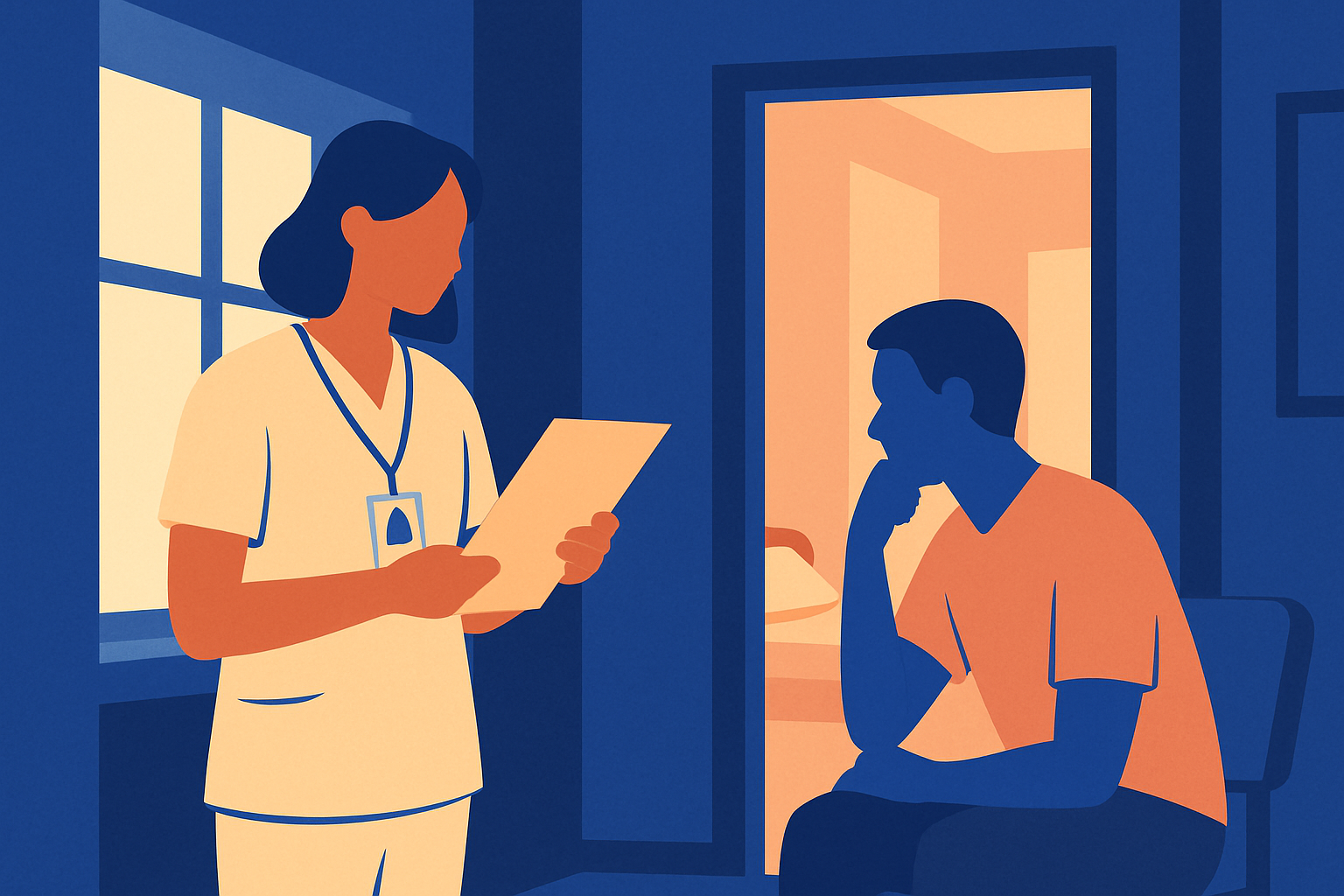 A nurse with an ID badge reads a document to a seated man by a window