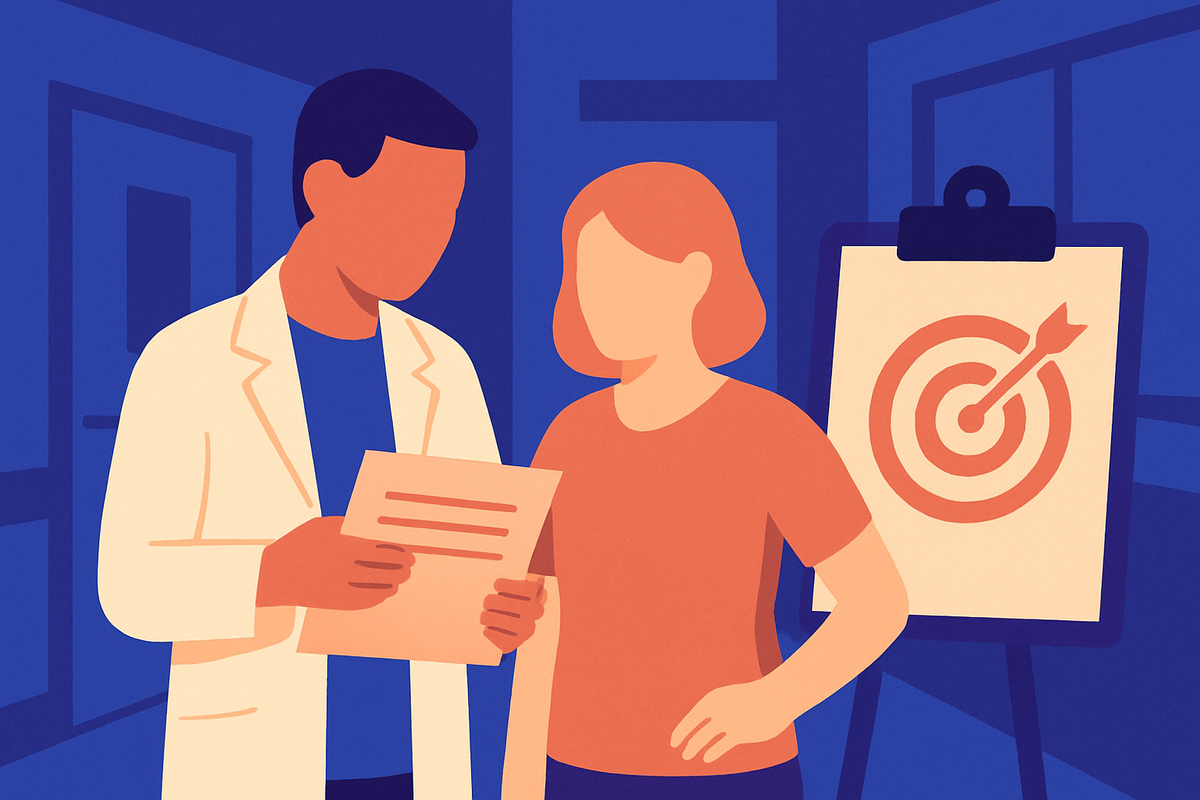 A doctor and a woman read a sheet beside a target on an easel