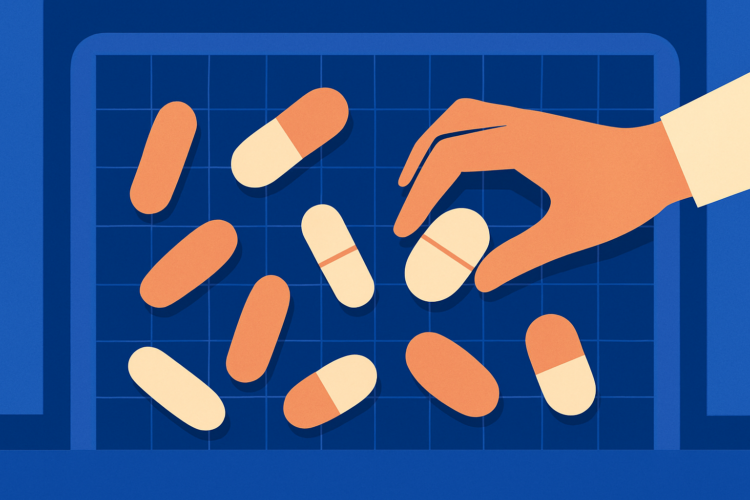 A hand selects a red-and-cream capsule from pills in a tray