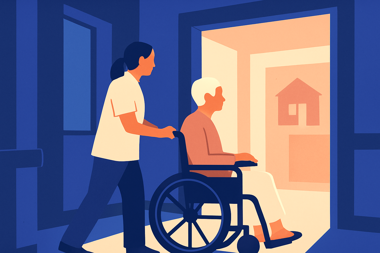 A care worker pushes an older person in a wheelchair toward a doorway, a house icon ahead