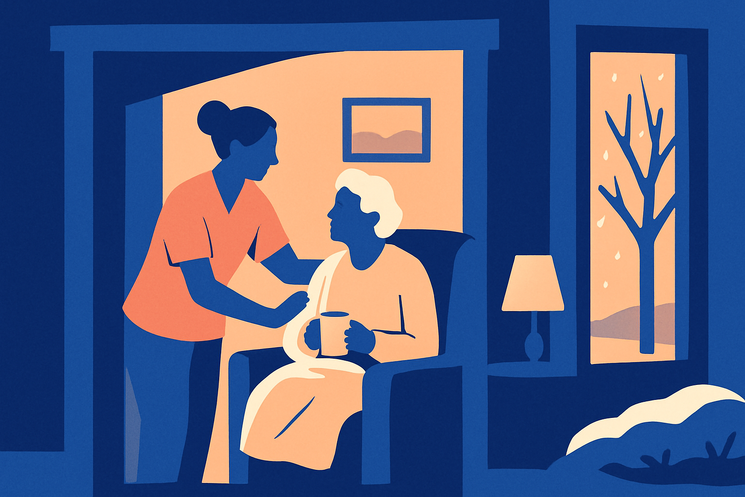 A caregiver tends to an older woman holding a mug in an armchair by a snowy window