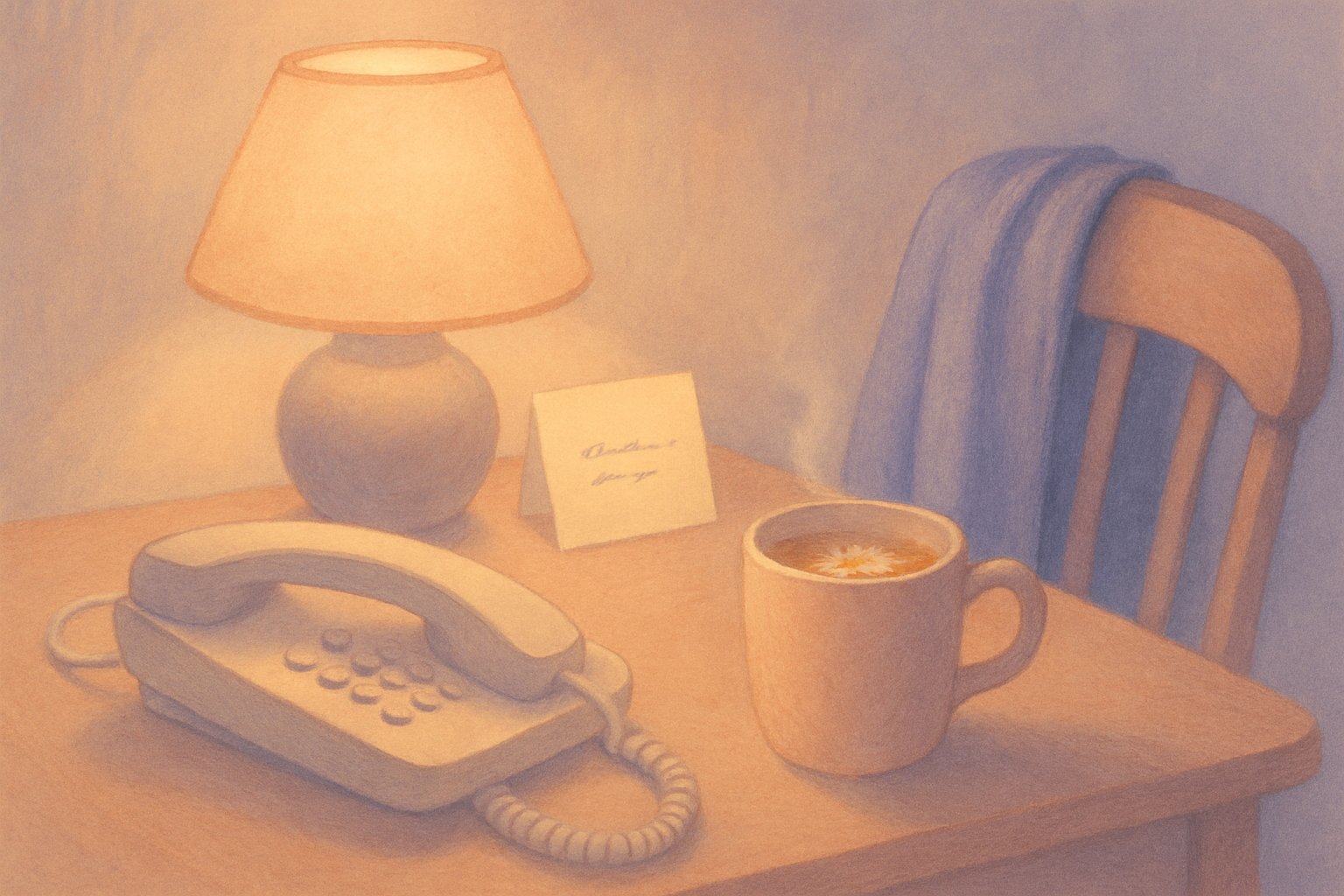 A quiet desk at night with a corded telephone, a handwritten note card propped against a warm lamp, a mug of tea, and a cardigan draped over the chair