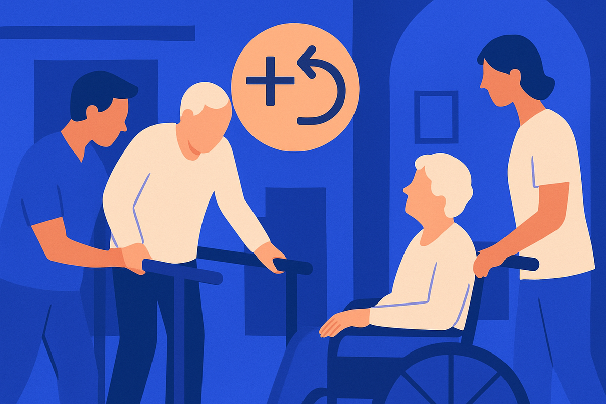 Care staff help an older man at therapy rails and an older woman in a wheelchair