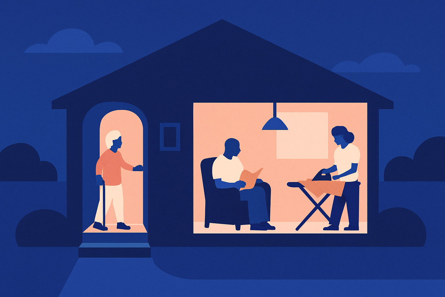 A house at night showing an older person with a cane, a man reading, and someone ironing