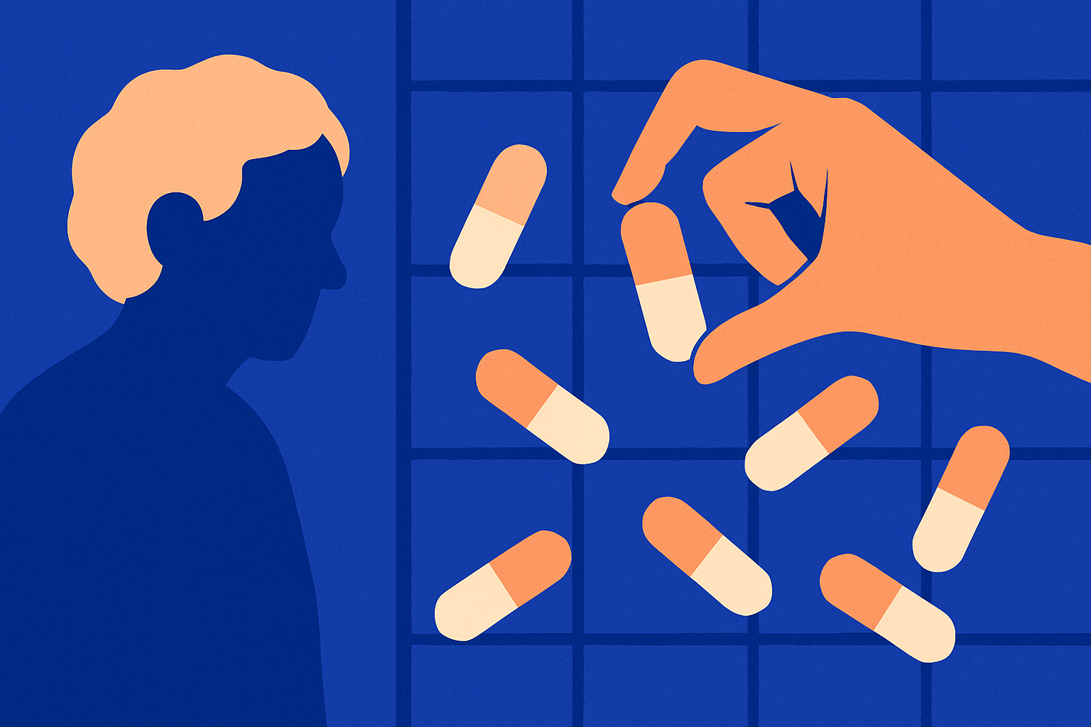 A doctor gestures toward an older woman with a cane, a pill icon above them