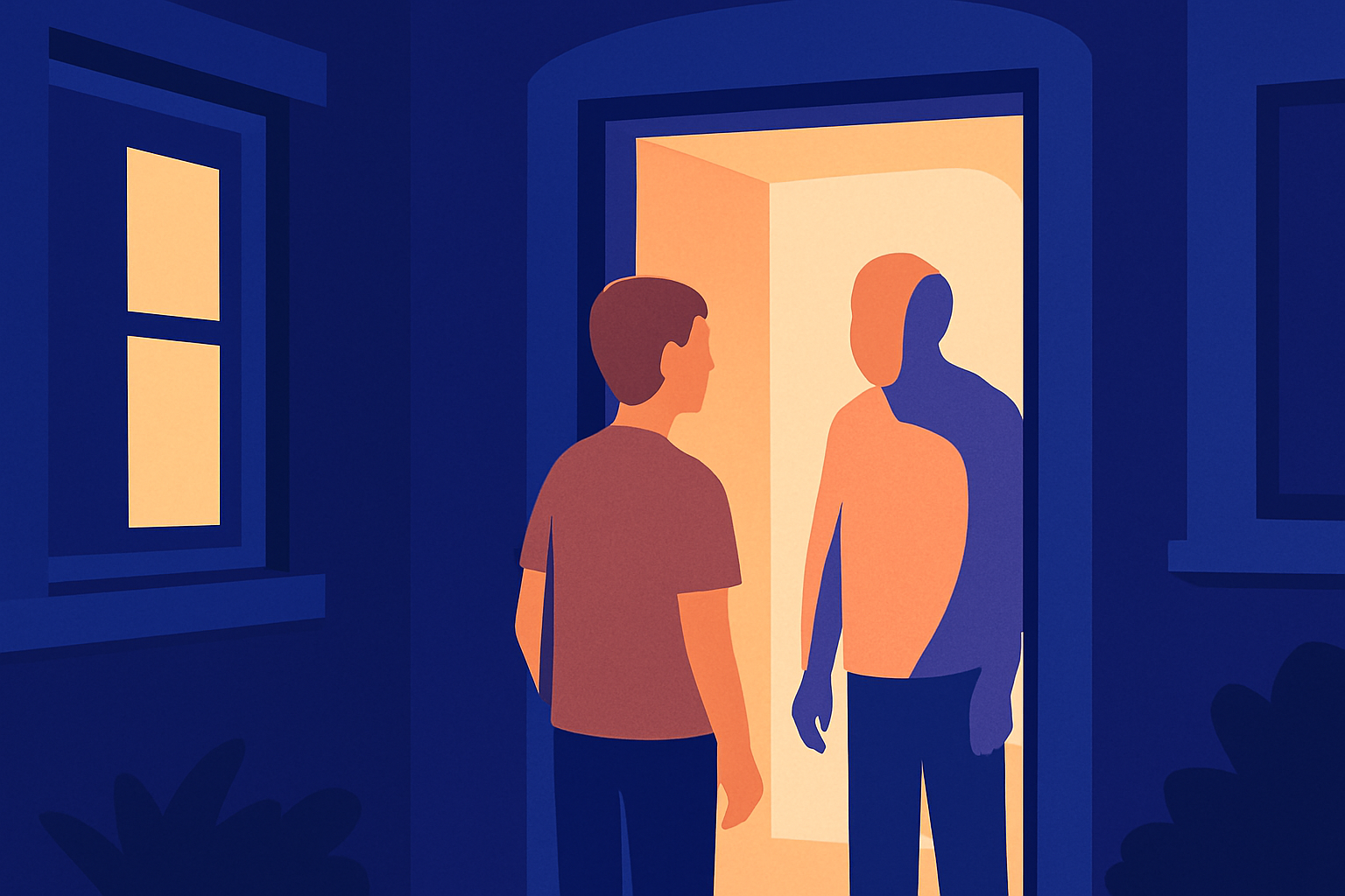 A younger man faces an older man fading into shadow in a lit doorway at night