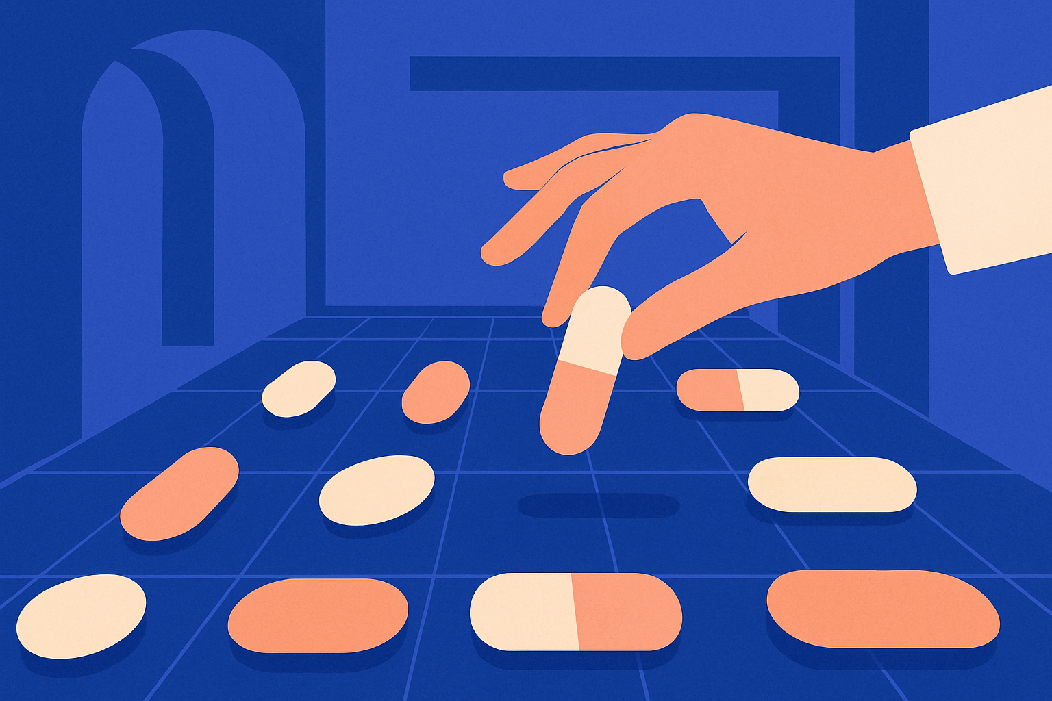 A hand picks up a capsule from scattered pills and tablets on a grid