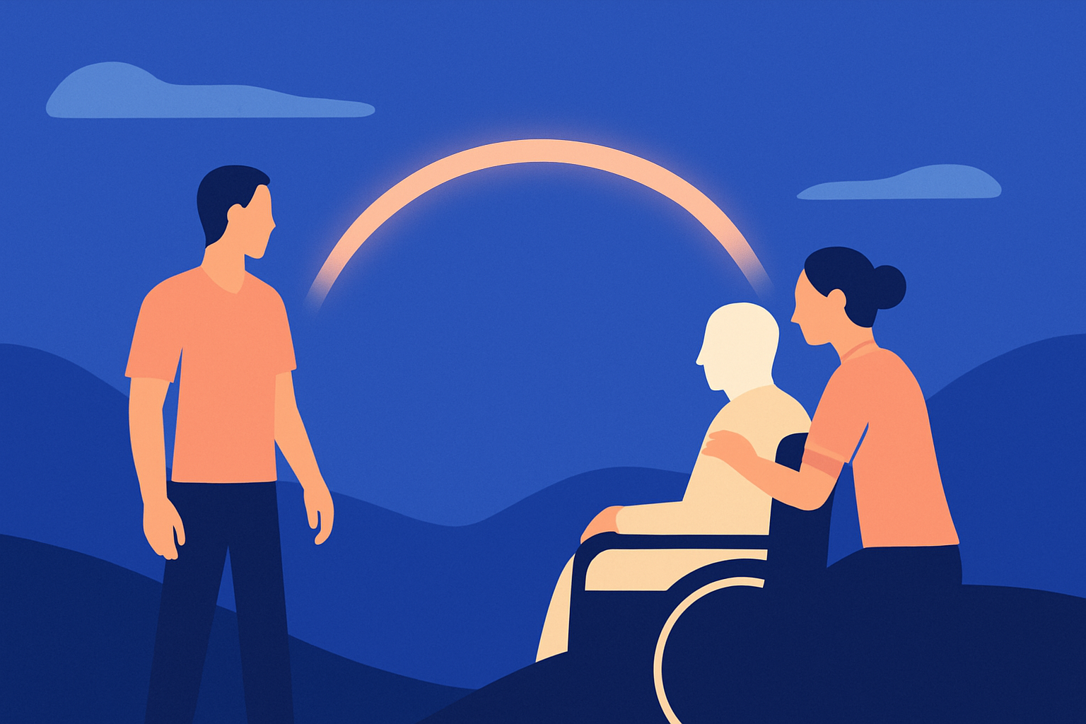 A woman with a clipboard shakes hands with a man, a shield-with-checkmark above and a wheelchair nearby