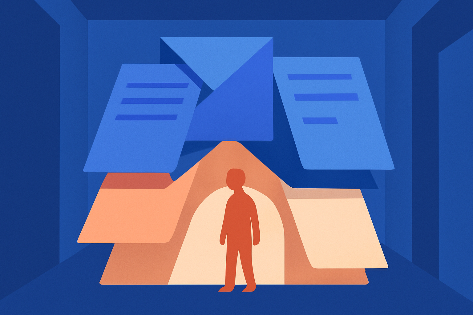 A person stands beneath floating documents and an envelope arranged like an arch