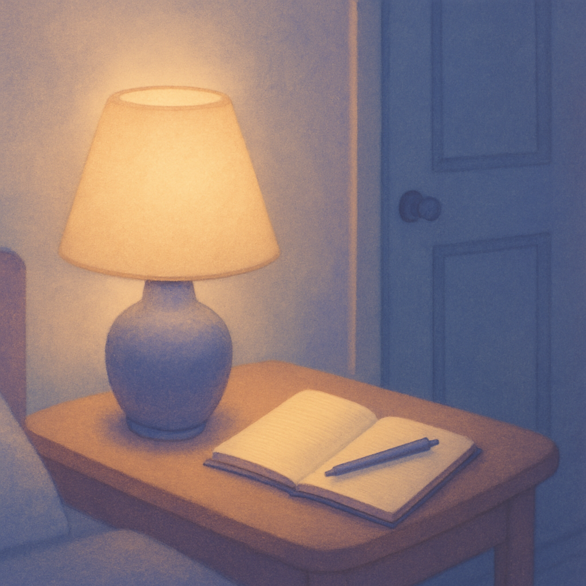 A softly-glowing bedside lamp at night with a notebook nearby