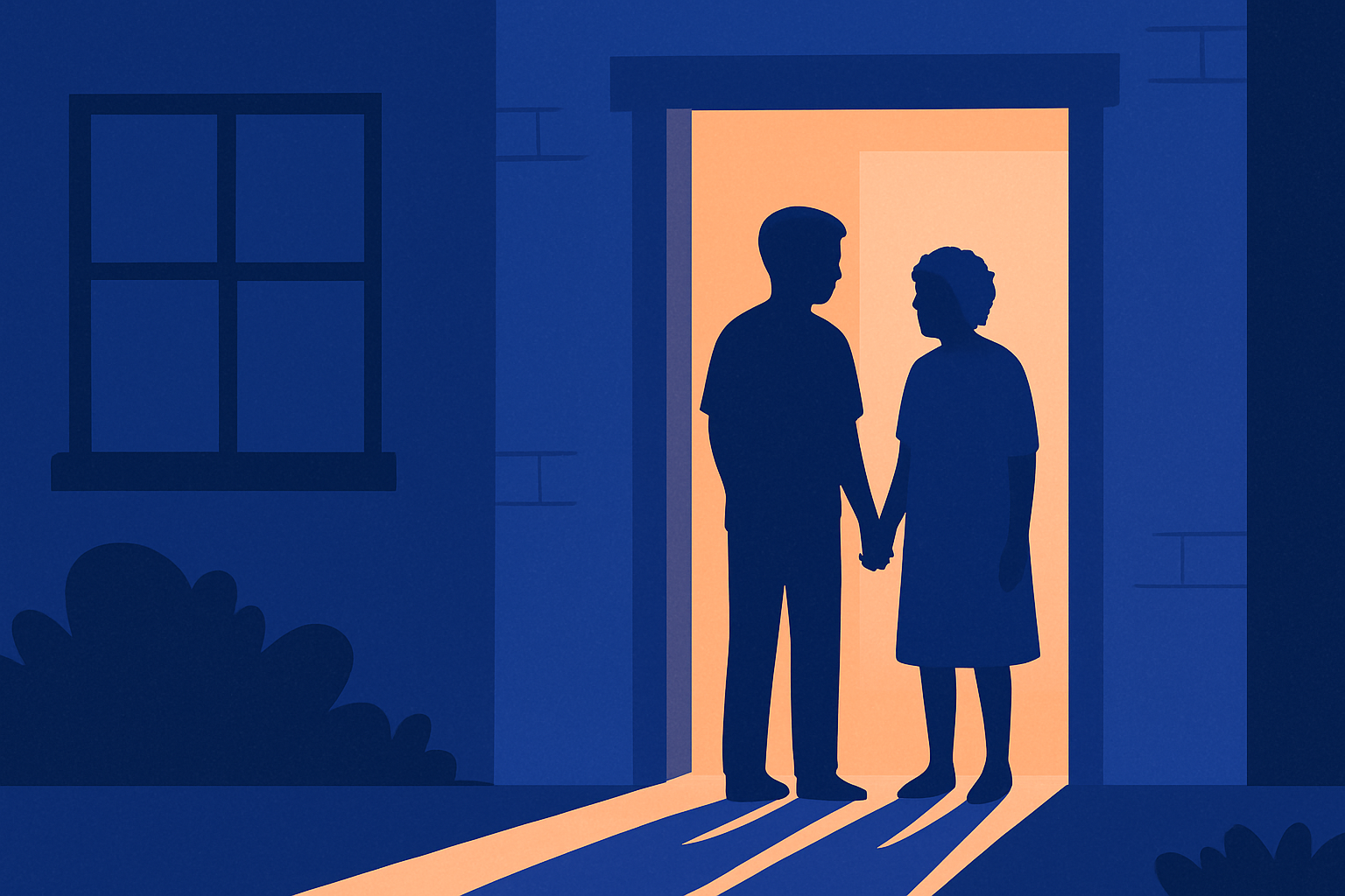 Two people stand holding hands in the warmly lit doorway of a house at night