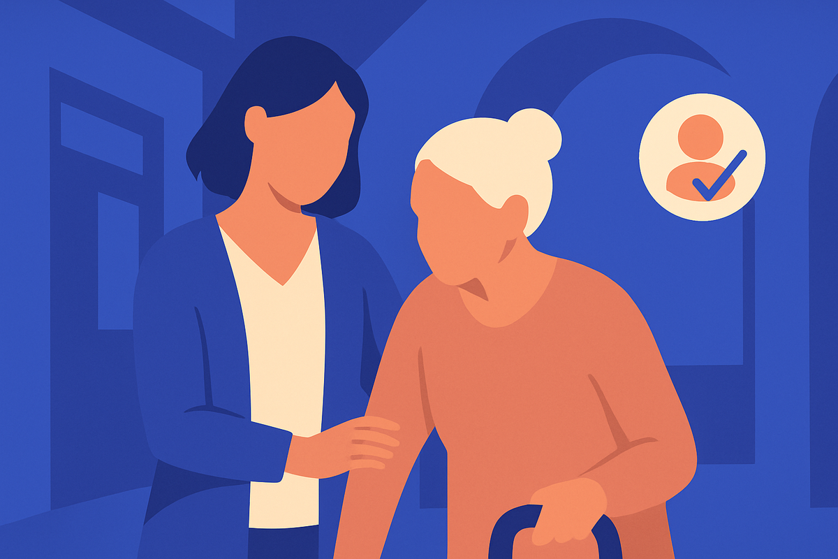 A woman steadies an older woman walking, a verified-person badge icon nearby