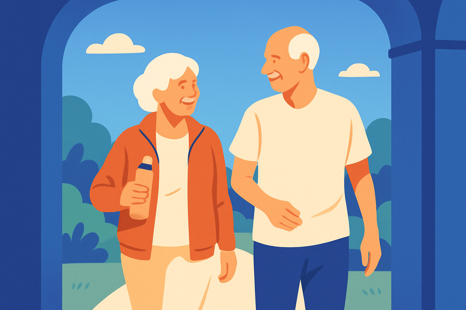 An older couple in athletic clothes walk and chat outdoors, the woman holding a water bottle