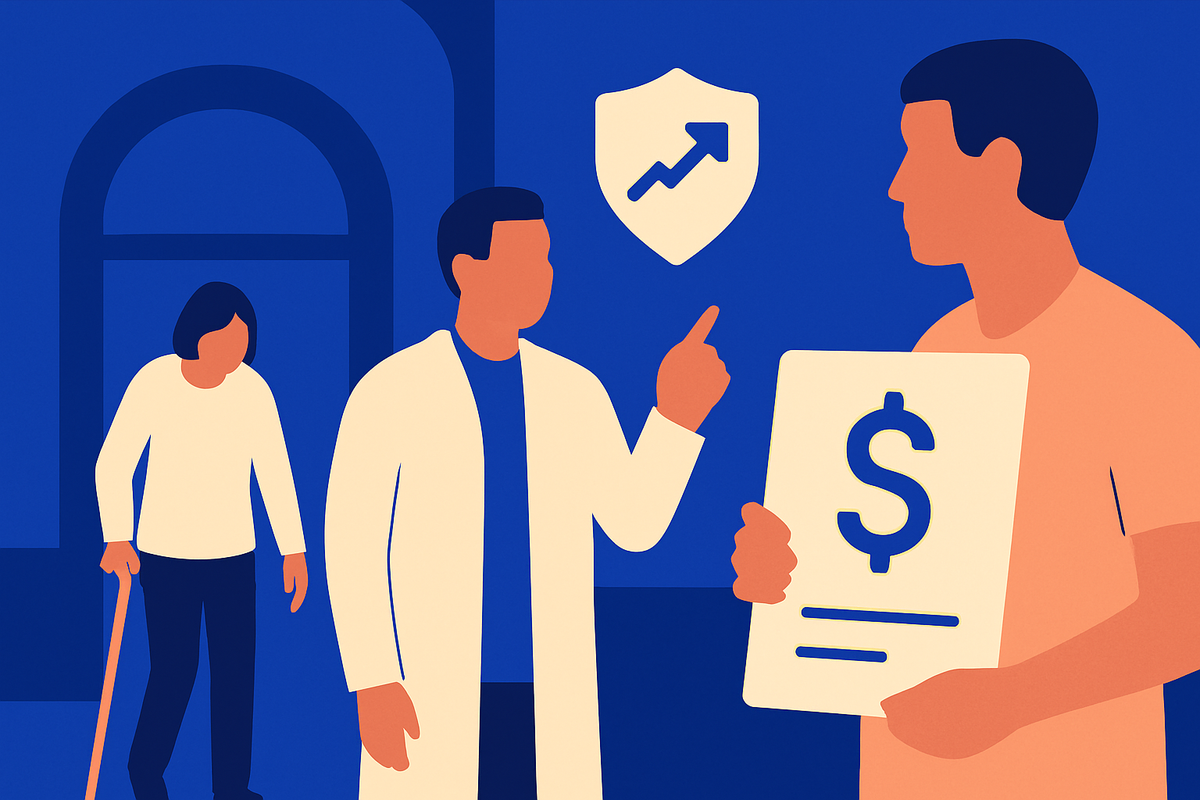 A clinician points to a shield with an upward arrow as a man holds a dollar document, an older woman behind