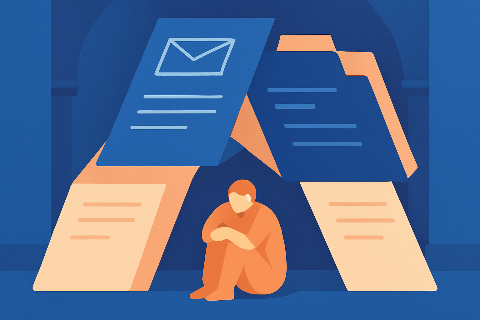 A person sits hunched beneath an envelope, a folder, and documents