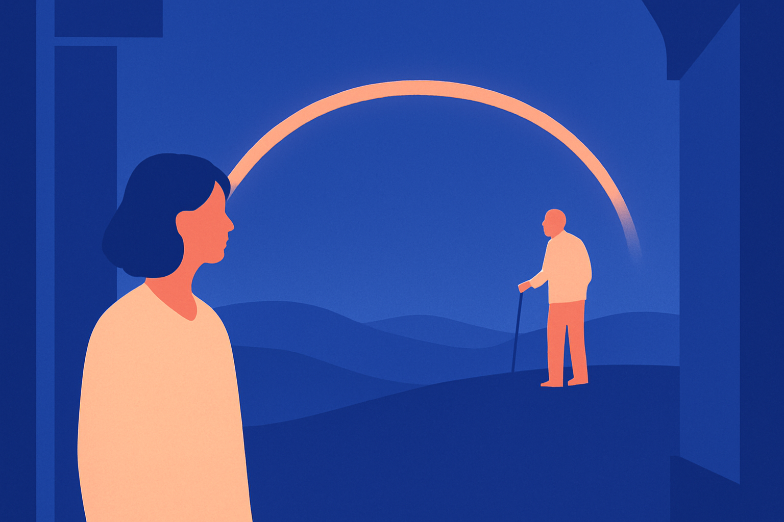 A man and a woman talk with an older woman in a wheelchair, a checklist on the wall