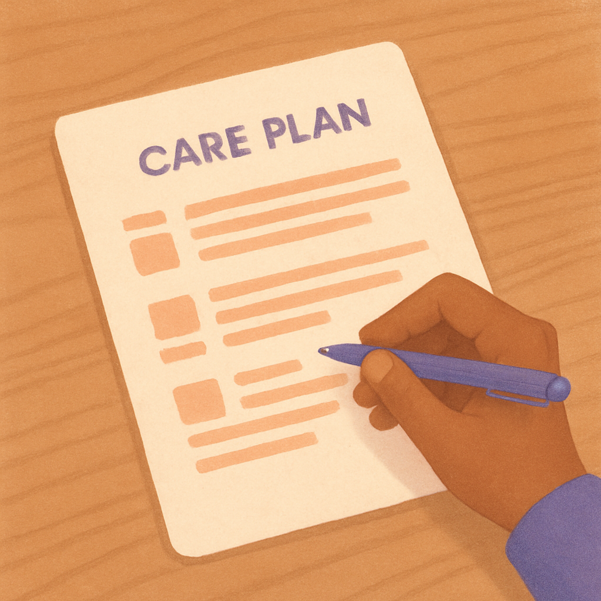A hand resting on a printed one-page care plan on a wood table