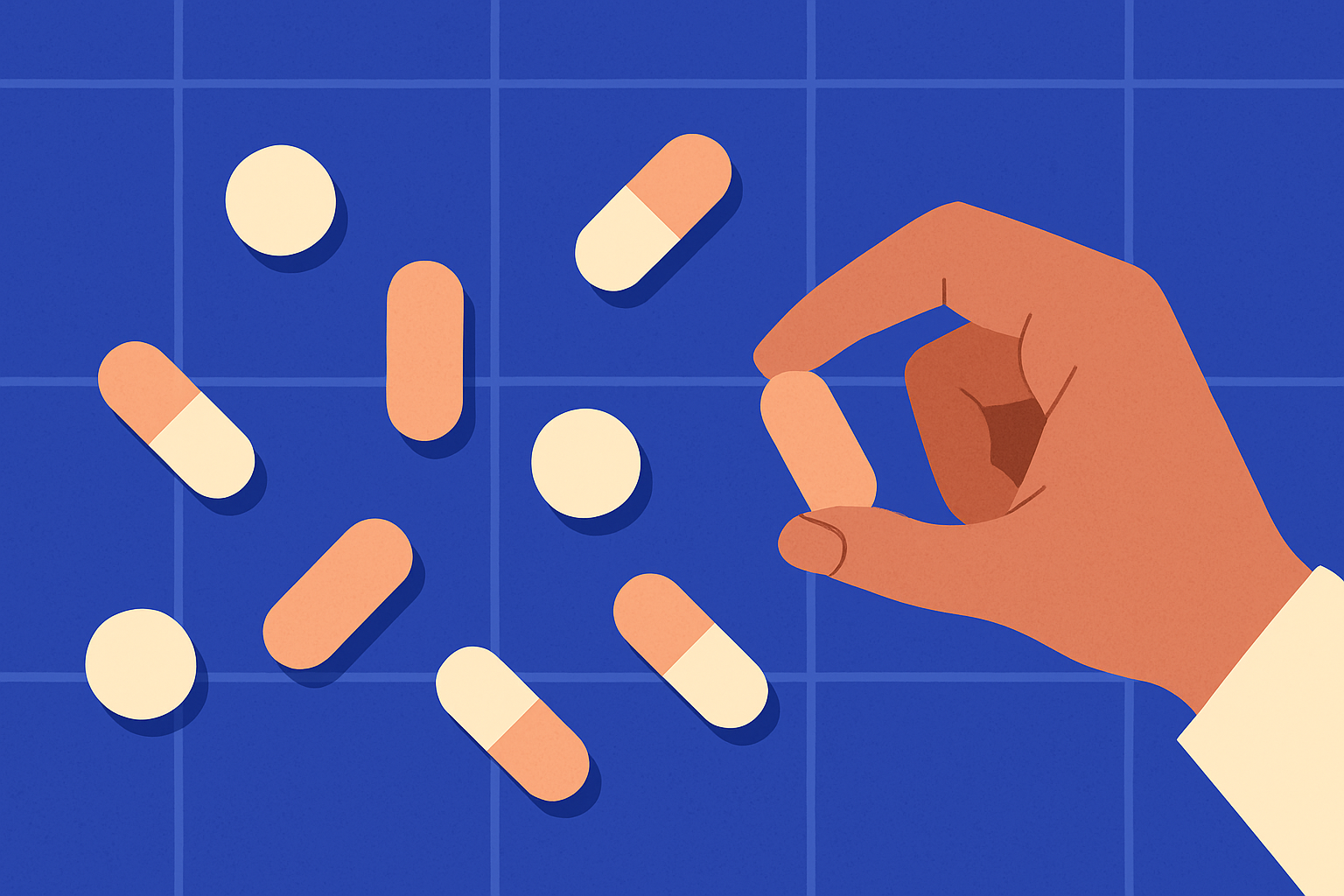 A hand picks up a capsule from a scatter of pills and tablets