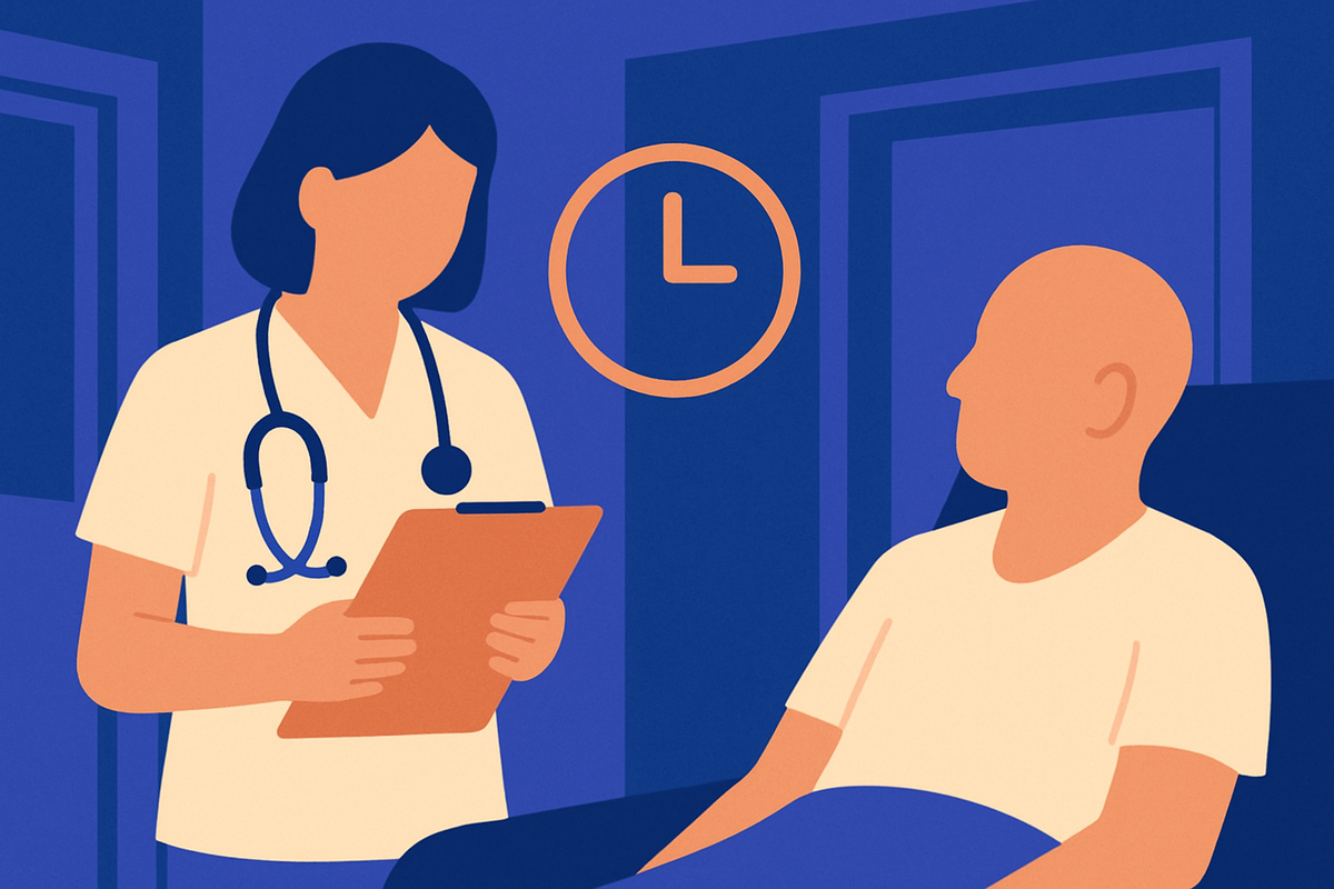 A nurse with a clipboard talks with an older man in bed, a clock on the wall