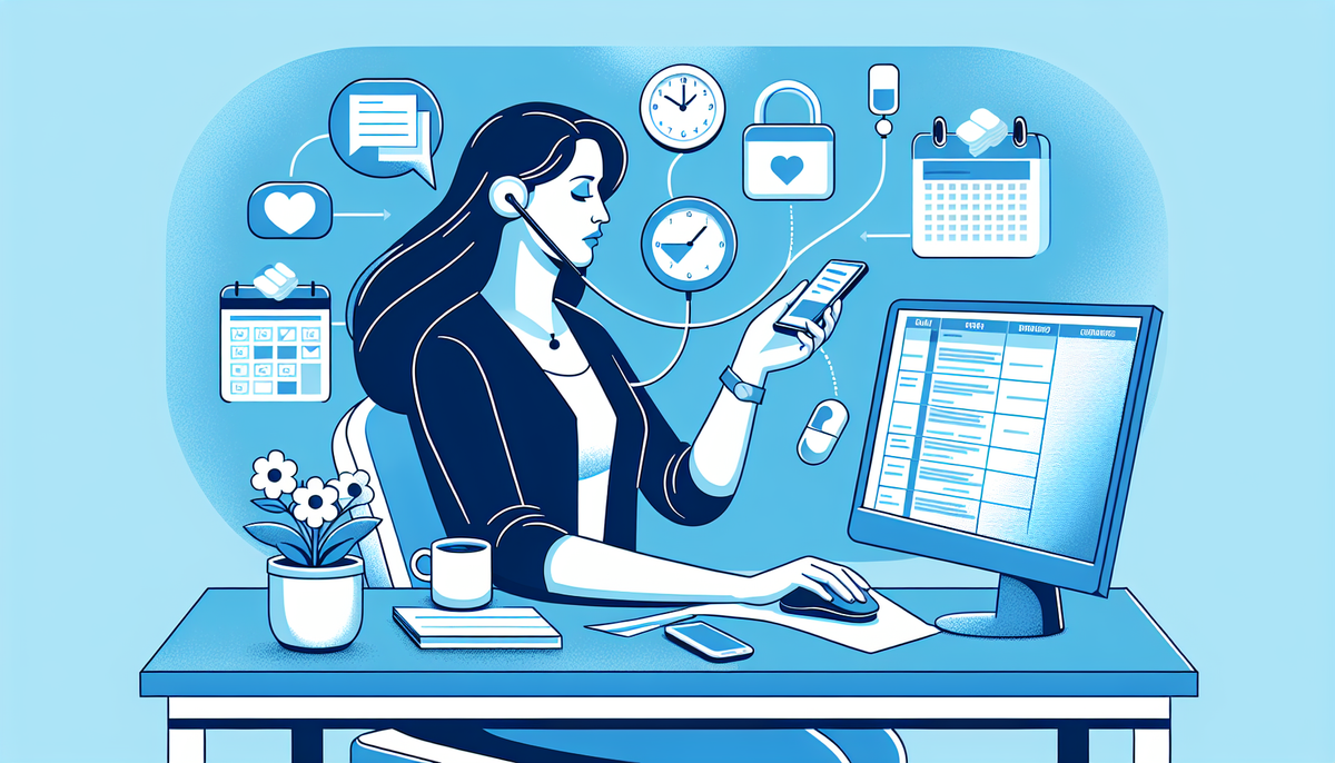 Illustration of a caregiver at her work desk, her computer open to her job's tasks, while she is also handling caregiving duties. An array of small icons (a phone, a calendar, a pill bottle) float above her desk, representing her dual roles. The image should capture the feeling of the caregiver's mental load running even before her workday starts.