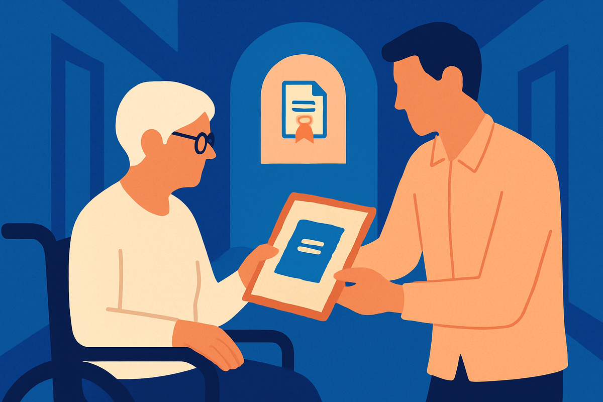 A young man hands a framed document to an older woman in a wheelchair, a certificate on the wall