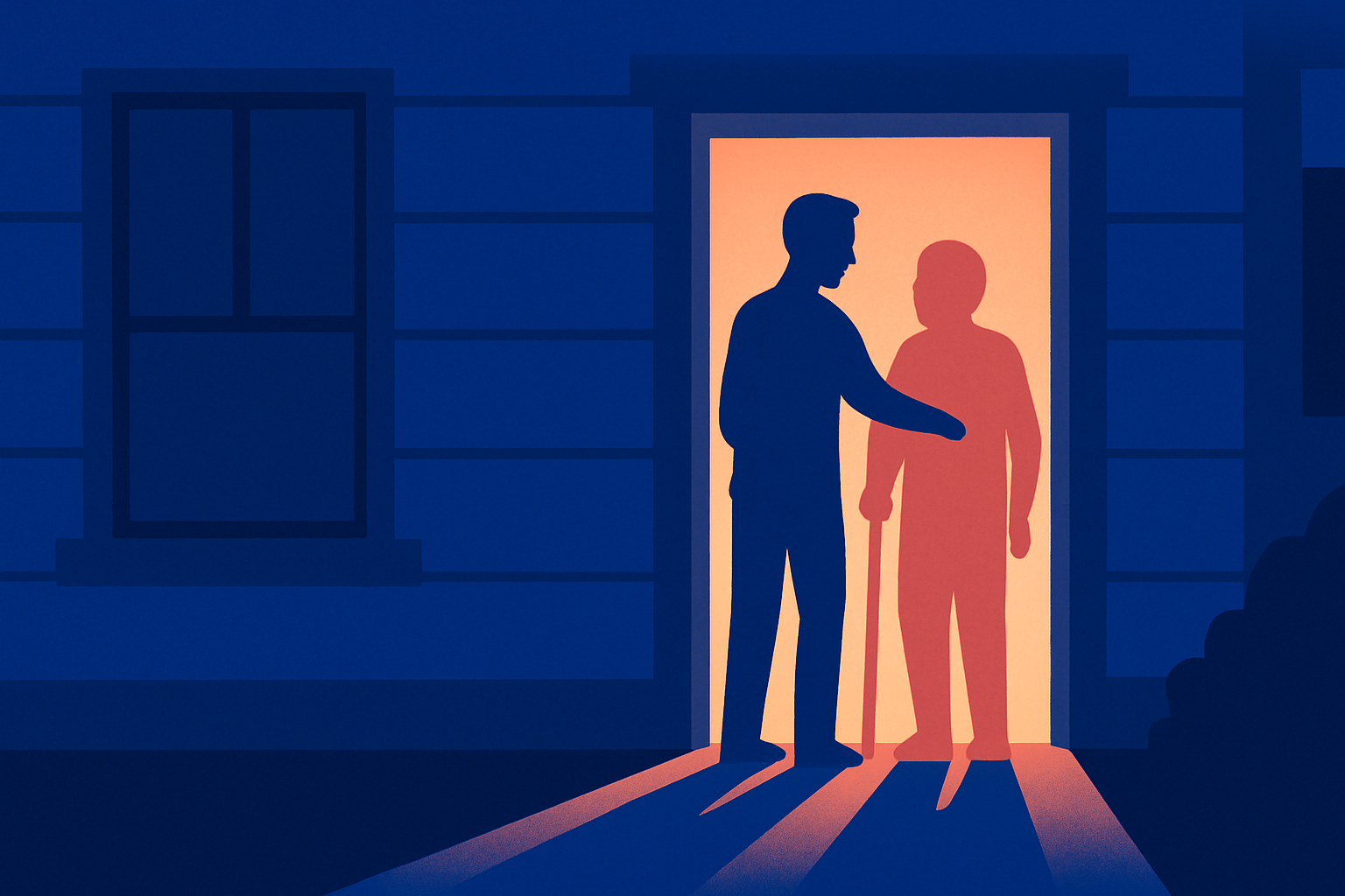 A person helps an older adult with a cane through a warmly lit doorway at night