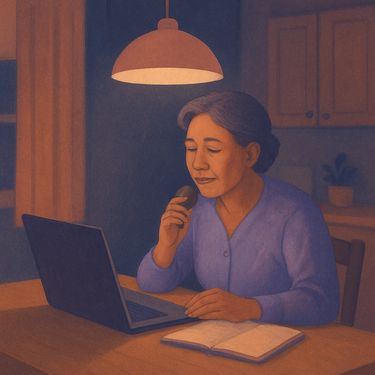 A caregiver in a softly-lit kitchen at night, talking through a hard evening on a laptop microphone instead of typing