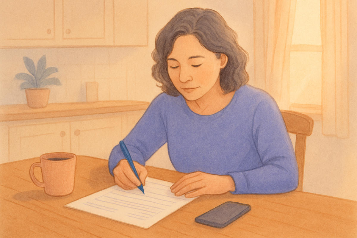 A daughter sitting at the kitchen table with her aging mother, writing notes about her care