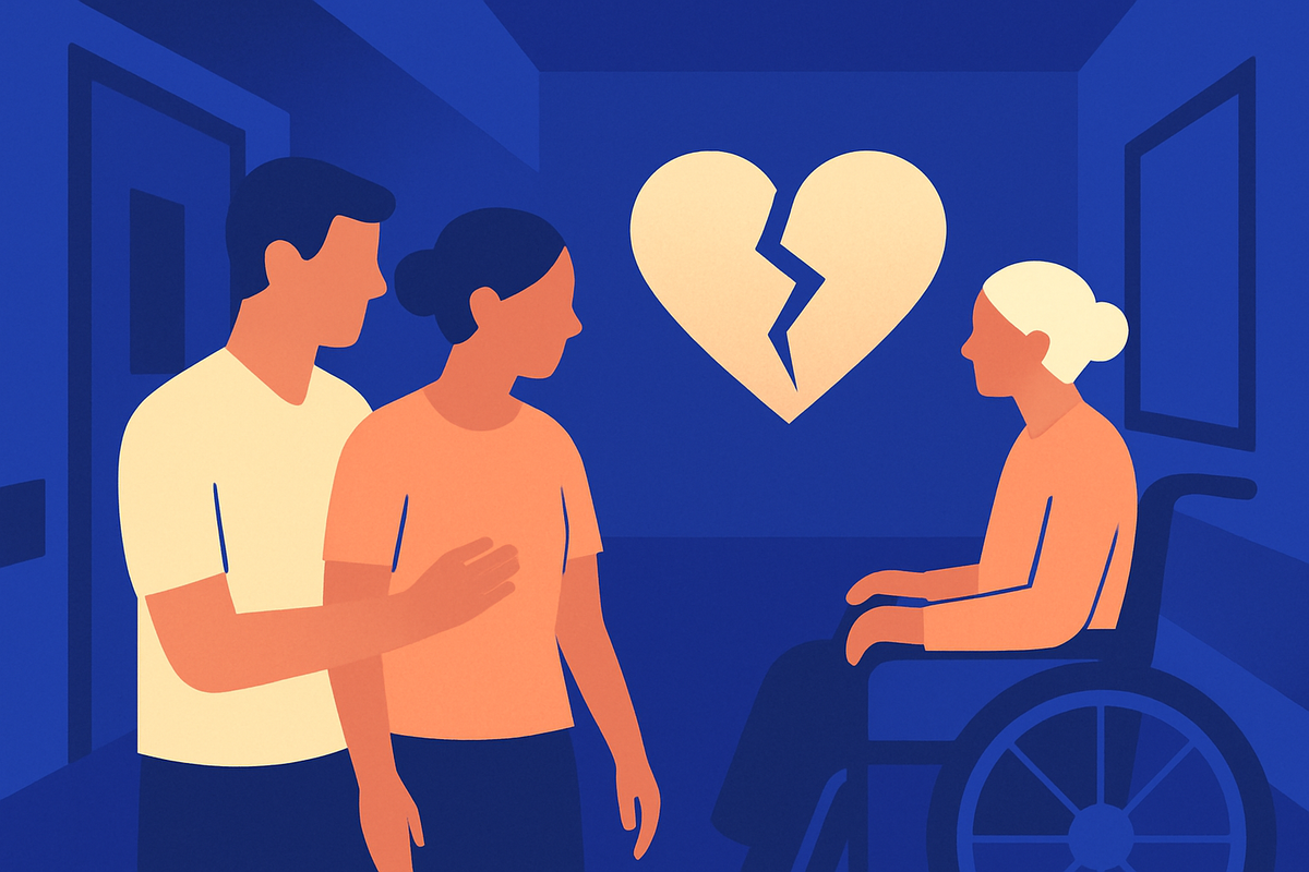 A couple stand facing an older woman in a wheelchair, a broken-heart symbol between them