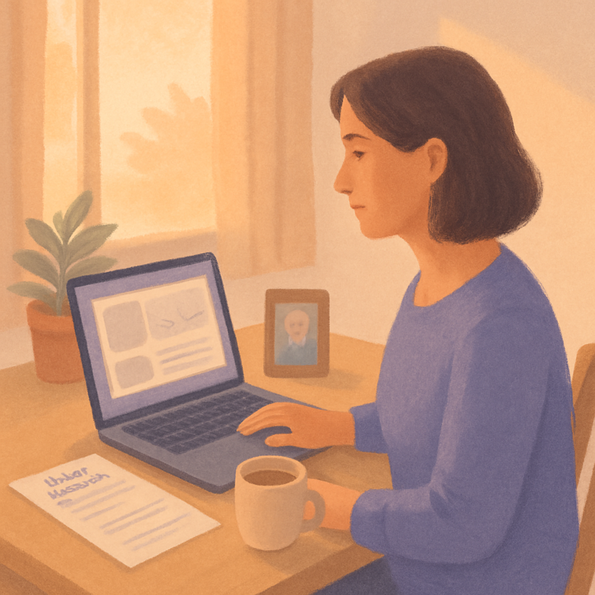 A long-distance caregiver at her laptop on a video call, with a printed care plan on the desk next to her