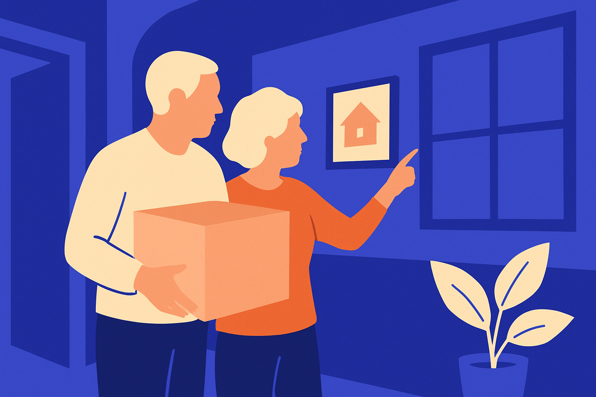 An older couple with a moving box look at a framed picture of a house on the wall
